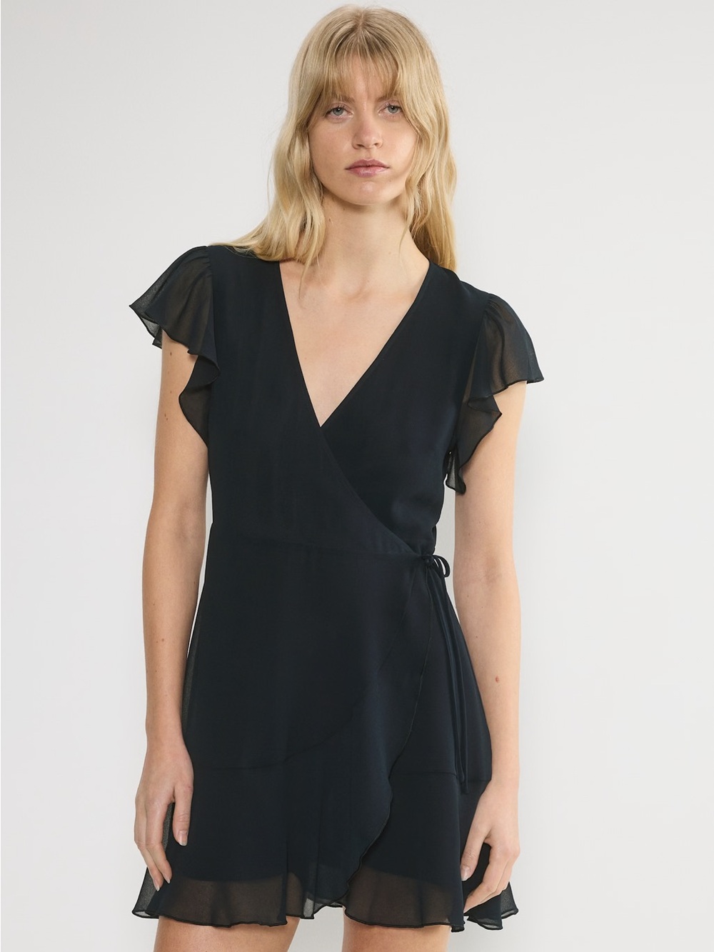 Aritzia| Chiffon Black Wrap Ruffle Mini Dress